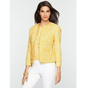 Talbots Yellow Tweed Blazer Sz 12P "Lyla" Boucle Knit Fringe Lined Jacket